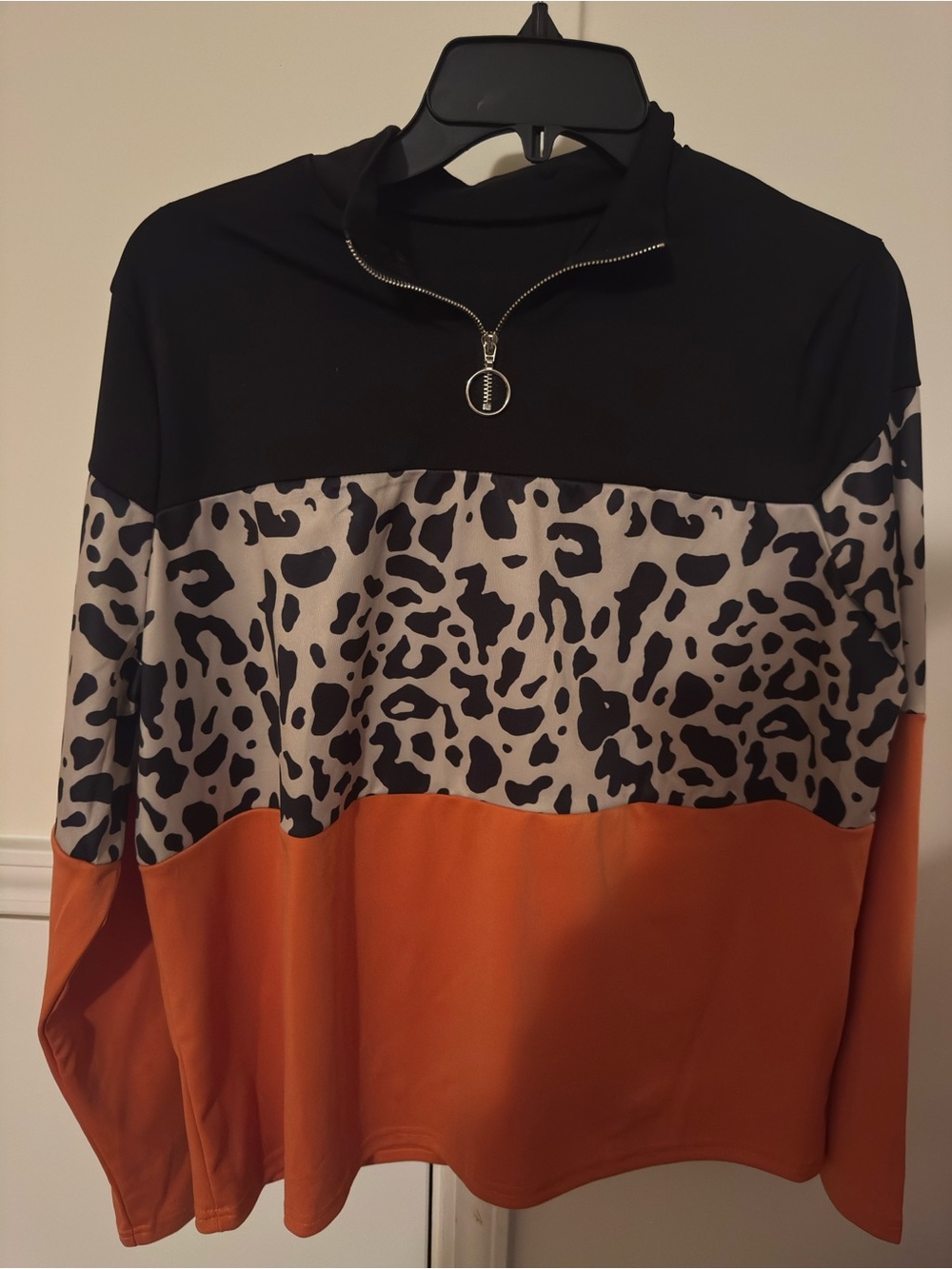 Colorblock Animal-Print Half-Zip Women’s Top in Black, White, and Orange